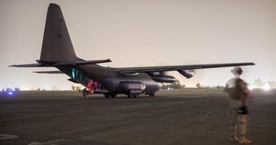 A New Zealand soldier provides force protection as a Royal New Zealand Air Force C-130 Hercules aircraft carrying New Zealand and Australian soldiers prepares to take off from the Taji military complex in Iraq. ADF photo
