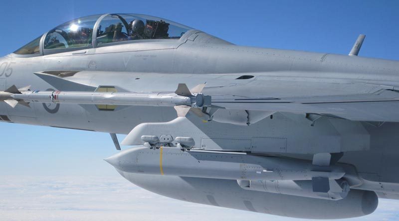 An RAAF Super Hornet carrying AGM-154C Joint Standoff Weapon. Photo by Squadron Leader Ben Nunan