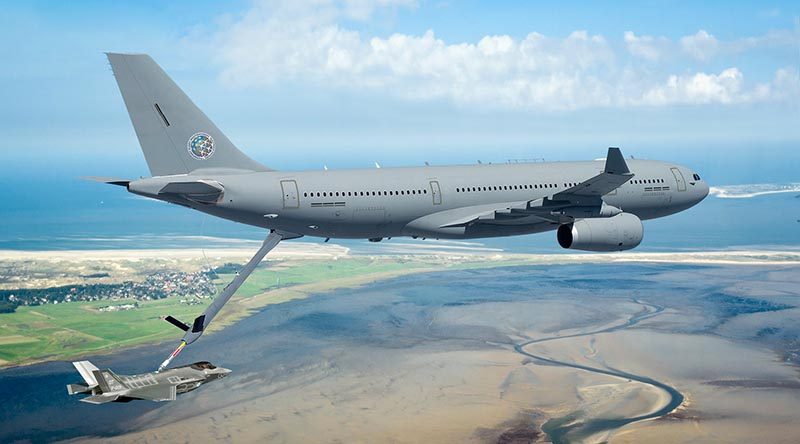 Future NATO A330 MRTT refuelling an F-35 Lighting. Artist's impression supplied by Airbus