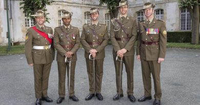 Australian Army soldiers Sergeant Kevin Williams, Lieutenant Roger Fredrick, Lieutenant James Levchenko, Lieutenant Nicholas Bassett and Warrant Officer Class One Ken Bullman pose in the new Australian Army ceremonial uniform ahead of the French National Day parade in Paris. Photo by Sergeant Janine Fabre