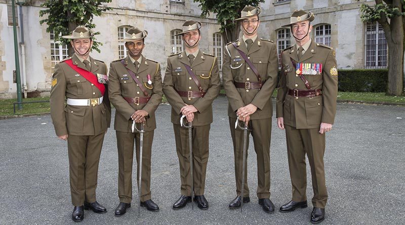 Australian Army soldiers Sergeant Kevin Williams, Lieutenant Roger Fredrick, Lieutenant James Levchenko, Lieutenant Nicholas Bassett and Warrant Officer Class One Ken Bullman pose in the new Australian Army ceremonial uniform ahead of the French National Day parade in Paris. Photo by Sergeant Janine Fabre