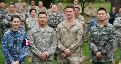 Tropic Twilight 2016 - Left to Right: Flying Officer Chloe Lowndes RAAF, SPC Hustin TRUSSO, USA Guam Army, SPR Jared HUMPHRIES, NZ Army and Cadet LUI Jian Bang, China. are part of combined New Zealand, US, Chinese and Australian military personnel are heading to Tonga for Exercise Tropic Twilight to help build much needed infrastructure on outlying Islands.