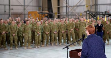 Minister for Defence Marise Payne addresses Australian Defence Force and civilian personnel at Camp Baird in the Middle East Region. Photo by WO2 Andrew Hetherington