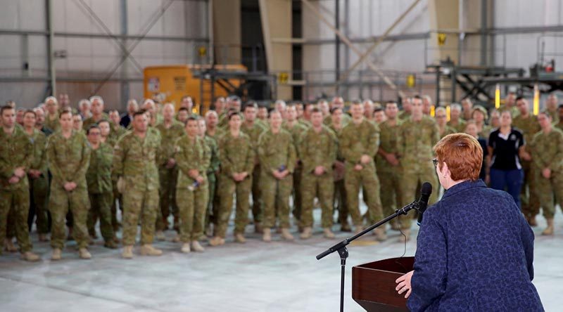 Minister for Defence Marise Payne addresses Australian Defence Force and civilian personnel at Camp Baird in the Middle East Region. Photo by WO2 Andrew Hetherington