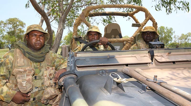 Privates Misman Kris, Jimmy Kris and Renfred Manmurulu of NORFORCE. Photo by Corporal Nick Wiseman