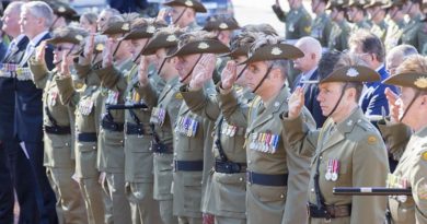 Australian Army soldiers from various light horse units salute during the Battle of Romani commemorative service at the Desert Mounted Corps Memorial in Canberra on 5 August 2016. Photo by Sergeant Mick Davis