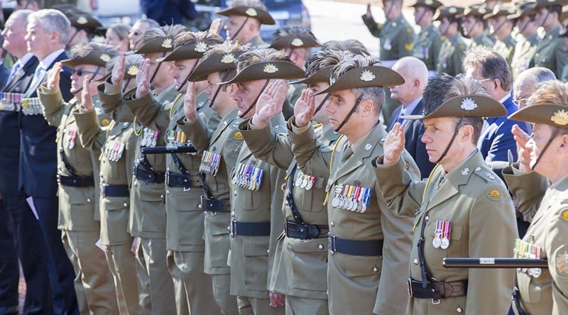Australian Army soldiers from various light horse units salute during the Battle of Romani commemorative service at the Desert Mounted Corps Memorial in Canberra on 5 August 2016. Photo by Sergeant Mick Davis