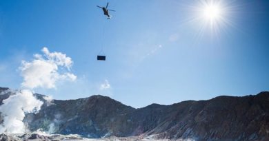 An NH90 helicopter from the Royal New Zealand Air Force’s 3 Squadron yesterday lifted a 2.4-tonne shipping container to volcanic White Island near Whakatane, to provide visitors an emergency shelter in case of an eruption.