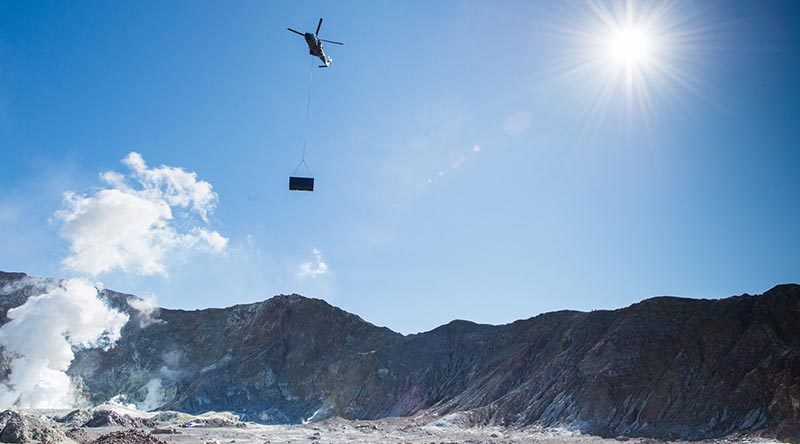 An NH90 helicopter from the Royal New Zealand Air Force’s 3 Squadron yesterday lifted a 2.4-tonne shipping container to volcanic White Island near Whakatane, to provide visitors an emergency shelter in case of an eruption.