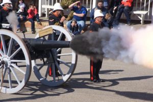 The 16-pounder Mk1 cannon is fired.