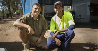 Australian Army plumber Corporal Terry Walker (left), who is an Indigenous liaison officer for the Army Aboriginal Community Assistance Programme in Laura, northern Queensland, is working with local Mr Kendall Bowen to mentor and pass on his skills. Photo by Sergeant Janine Fabre