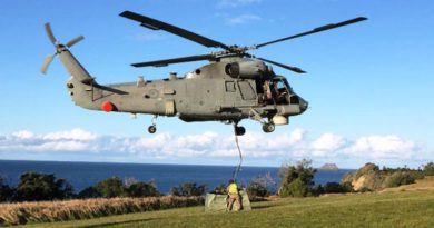 The Seasprite helicopter drops off one of its underslung loads on Raoul Island. RNZDF photo
