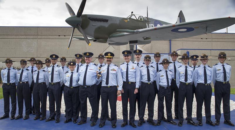 Chief of Air Force Air Marshal Leo Davies poses with RAAF Cadets after unveiling a Spitfire MK VIII LF replica, A58-492 at the RAAF Museum at Point Cook, Victoria. Photo by Flight Lieutenant Robert Palmer