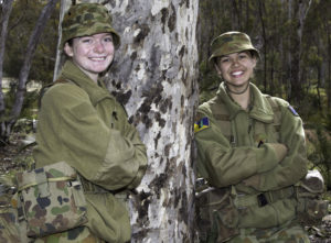 Australian Army Cadets trainees Cadet-under-Officer Cortnee Black (left), from 59th Army Cadet Unit, and Cadet-under-Officer Brodie Adams, from 58th Army Cadet Unit, chat between training activities during the annual field exercise in Bindoon training area, north-east of Perth, on 1 October 2016.