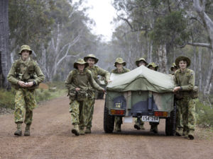 Australian Army Cadets trainees take part in a dead trailer towing competition during the annual field exercise in Bindoon training area, north-east of Perth, on 1 October 2016.