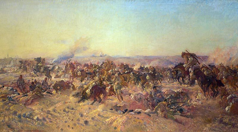 The Charge of the Australian Light Horse at Beersheba, 1917, painted by George Lambert in 1920 (Australian War Memorial collection), depicts Australian troopers with bayonets in hand and rifles slung across their backs during the charge on Beersheba.