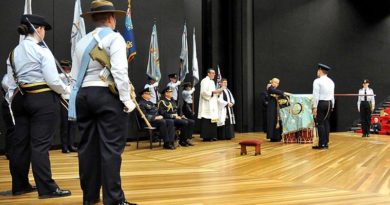 Australian Air Force Cadets, staff, senior RAAF officers, families and supporters witness Air Vice Marshal Peter Yates present a Governor-General's Banner to the Australian Air Force Cadets, at ADFA, in recognition of 75 years continuous community service. The Governor-General was in Israel for a State Funeral.