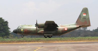 A TNI-AU C-130B Hercules conducts a low-level pass of the runway during Exercise Rajawali Ausindo 12. Photo by Eamon Hamilton.
