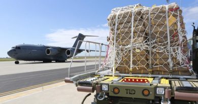 Pallets of sandbags arrive at RAAF Base Edinburgh delivered by a No 36 Squadron C-17A Globemaster. Photo by Corporal Craig Barrett.