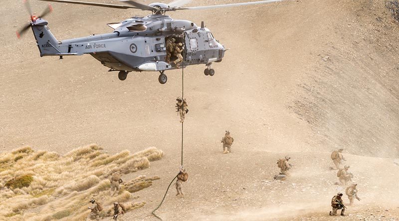 New Zealand Army soldiers rappel from a Royal New Zealand Air Force NH90 helicopter at the Rainbow Ski Area in Nelson during Exercise Southern Katipo 2015. NZDF photo.