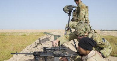 Australian soldier Corporal John Hatch (top) supervises as Private Lyndon Edwards adjusts the sights for an Iraqi Army soldier during marksmanship training at Taji Military Complex near Baghdad, Iraq. Photo by Leading Seaman Jake Badoir.