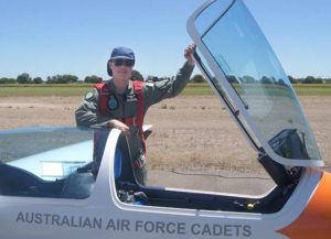 Cadet Corporal Ian Van Schalkwyk, 617 Squadron, Unley, ready for another flight. Cadet Corporal Van Schalkwyk qualified as a solo pilot (gliding) – four days after his 15th birthday. He’s in Year 9, and hasn’t even started driving lessons yet.