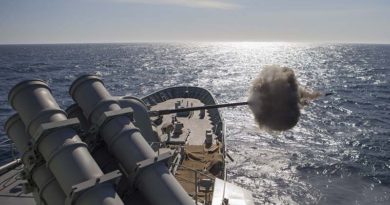 HMAS Arunta fires her 5-inch gun against a simulated fast boat attack during the Fleet Concentration Period 2015. Photo by Leading Seaman Bradley Darvill.