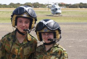 Cadet Ktarna Lewis (605 Squadron, Noarlunga) and Cadet Samantha Stevens (609 Squadron, Warradale Barracks) after disembarking from the RAN Bell 429.