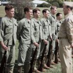 Former Aussie commando now actor Damien Thomlinson (left) on parade with Hacksaw Ridge stars Andrew Garfield and Vince Vaughn.