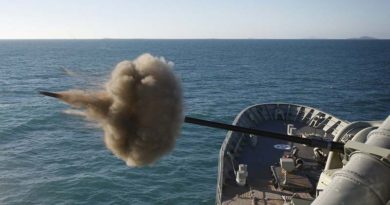 HMAS Perth fires her 5-inch gun during the closing stages of exercise Talisman Saber 2013. Photo by Leading Seaman Yuri Ramsey