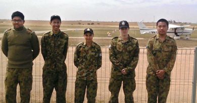 Cadets Khris Alcantara, Amiel Lania, Angello Deionno and Harrison Allam, and Cadet Corporal Rex Catipay with the Cessna 172 Skyhawk they are about to pilot.