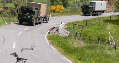 CAPTION: Part of a convoy of 27 New Zealand Defence Force trucks braved bad weather and risks of further landslides to bring much-needed fuel and water supplies to quake-damaged Kaikoura this afternoon. NZDF photo.