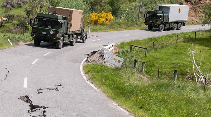 CAPTION: Part of a convoy of 27 New Zealand Defence Force trucks braved bad weather and risks of further landslides to bring much-needed fuel and water supplies to quake-damaged Kaikoura this afternoon. NZDF photo.