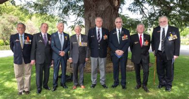 Australian Army veterans of the Battle of Long Tan after the special ceremony to honour the veterans with military honours at Government House in Canberra on Tuesday, 8 November 2016. Front left: Mr William Roche; Mr Noel Grimes; Mr Frank Alcorta, MG, OAM; Lieutenant Colonel Harry Smith (Retd), SG; Mr Geoffrey Peters; Mr Ian Campbell; Mr Neil Bextrum; and Colonel Francis Roberts (Retd), MG, OAM. Photo by Sergeant Janine Fabre.