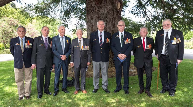 Australian Army veterans of the Battle of Long Tan after the special ceremony to honour the veterans with military honours at Government House in Canberra on Tuesday, 8 November 2016. Front left: Mr William Roche; Mr Noel Grimes; Mr Frank Alcorta, MG, OAM; Lieutenant Colonel Harry Smith (Retd), SG; Mr Geoffrey Peters; Mr Ian Campbell; Mr Neil Bextrum; and Colonel Francis Roberts (Retd), MG, OAM. Photo by Sergeant Janine Fabre.