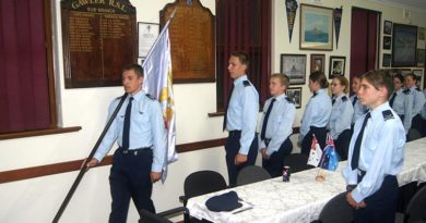 608 Squadron cadets show respect by facing their Banner as it is slow marched out at the slope. Photo by Pilot Officer (AAFC) Paul Rosenzweig, PACO 6 Wing.