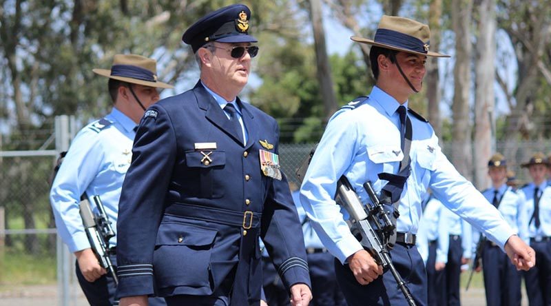 Reviewing Officer Squadron Leader (AAFC) Nicolaas Robbertse, with Cadet Sergeant Kyle Roberts (since promoted to cadet flight sergeant).