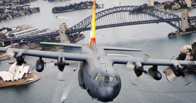 Former No. 37 Squadron C-130H Hercules A97-005 flies over Sydney Harbour on 19 November 2012, shortly before retirement from the RAAF and an official handover to Indonesian pilots at RAAF Base Richmond. The plane was destroyed when it crashed into a mountain in Papua on 18 December 2016. Photo by Corporal David Said.