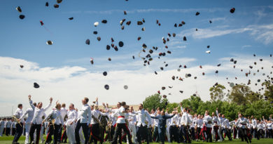 The class of 2016 throw their hats in the air to symbolise completion of three years military training and academic studies. They will now be posted to locations across Australia for further training or to commence their new postings. Photo by Michael Jackson-Rand