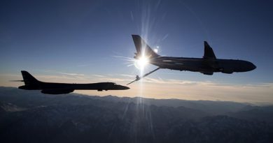 Air-to-air refuelling trials between the KC-30A Multi-Role Tanker Transport and United States Air Force B-1B Lancer. USAF photo by Christian Turner