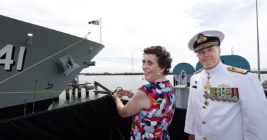 Mrs Robyn Shackleton, wife of former Chief of Navy and Commanding Officer of HMAS Brisbane II, Vice Admiral David Shackleton (retired), was guest of honour and launching lady, sending the destroyer on her way with the traditional toast and smash of a bottle. Photographer unknown, via Navy Daily.