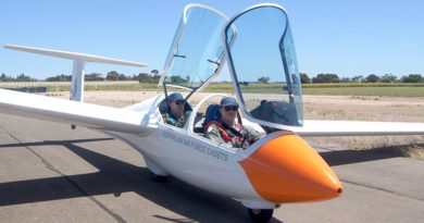 Cadet Corporal Ian Van Schalkwyk, No 617 Squadron, Unley, about to take off in an ASK-21 Mi two-seater glider at Gawler airfield in South Australia, with 600 Squadron’s Chief Flying Instructor–Gliding, Pilot Officer (AAFC) Dennis Medlow.