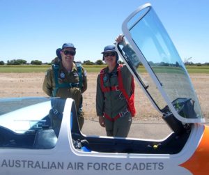 Cadet Corporal Ian Van Schalkwyk with 600 Squadron’s Chief Flying Instructor–Gliding, Pilot Officer (AAFC) Dennis Medlow.