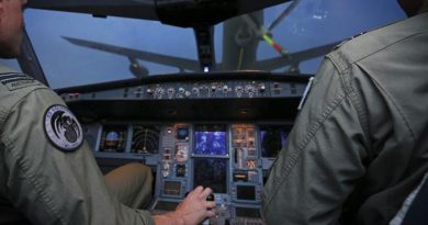 An real-life RAAF KC-30A flight crew prepares to take 'virtual fuel' from a virtual KC-30A fuel boom, which is actually being operated by a real-life fuel-boom operator somewhere else in the world. Northrop Grumman's distributed network environment will eventually allow real-life air crews flying any aircraft-type simulator anywhere in the real world to interact with other aircraft-type crews in a virtual world. Kind of like a global virtual game simulator, but with 'real' aircraft and real crews.