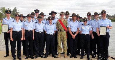 Air Force Cadets from 622 Squadron at the Murray Bridge Australia Day Ceremony, with Cadet Sergeant Joshua Kirpensteyn from 45 ACU and Young Citizen of the Year nominees (holding certificates) CUO Samuel Mach (left) and CFSGT Walter Harris.