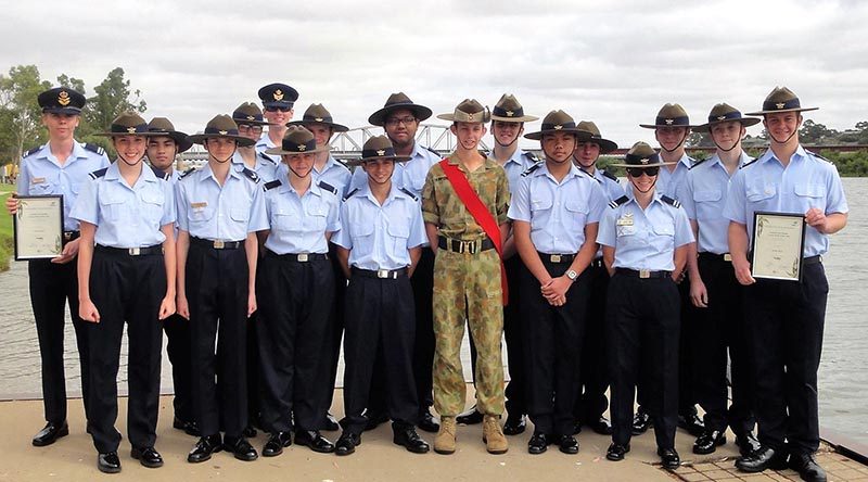 Air Force Cadets from 622 Squadron at the Murray Bridge Australia Day Ceremony, with Cadet Sergeant Joshua Kirpensteyn from 45 ACU and Young Citizen of the Year nominees (holding certificates) CUO Samuel Mach (left) and CFSGT Walter Harris.