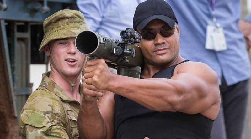 Private Marc Taylor from Rifle Company Butterworth rotation 116 briefs Menden Mahe from Mendens Demolition on the M3 Carl Gustav rocket launcher at Gurun Field Firing Range in Malaysia. Photo by Corporal Nunu Campos.