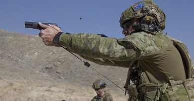Australian Army soldier, Corporal Michael Piliaé-Smith, deployed with Force Protection Element 6, maintains his shooting skills on the L9A1 pistol in Qargha, Afghanistan. Photo by Flight Lieutenant Jessica Aldred.