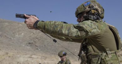 Australian Army soldier, Corporal Michael Piliaé-Smith, deployed with Force Protection Element 6, maintains his shooting skills on the L9A1 pistol in Qargha, Afghanistan. Photo by Flight Lieutenant Jessica Aldred.