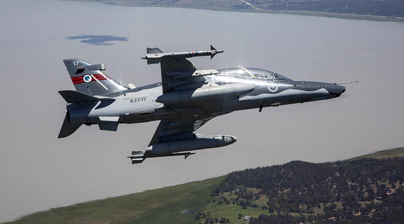 An A27 Hawk 127 operated by No 76 Squadron participates in a training activity over Lake George in the ACT. Photo by Sergeant Shane Gidall.